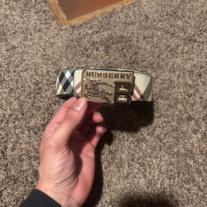 Burberry Men's Plaid Belt with Gold Buckle